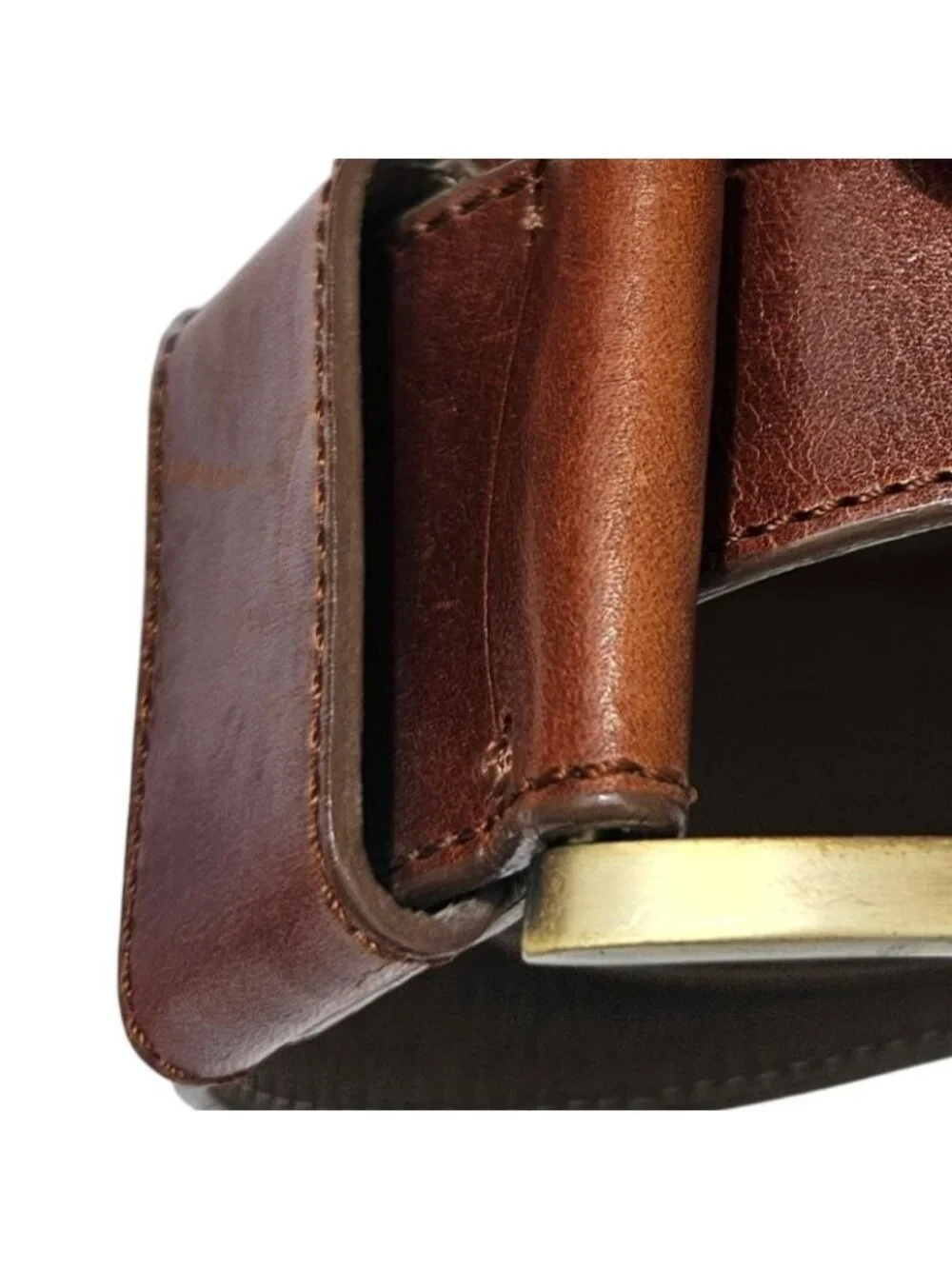 DKNY Donna Karan Wide Brown Leather Belt Brass Buckle Italy Sz L 31-36